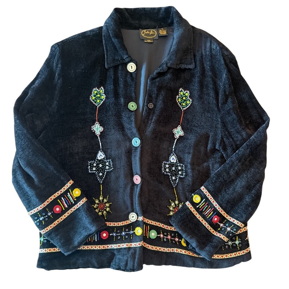 Vintage Y2K Boho Colorful Beaded Black Chenille Jacket Julia Kin Art to Wear L